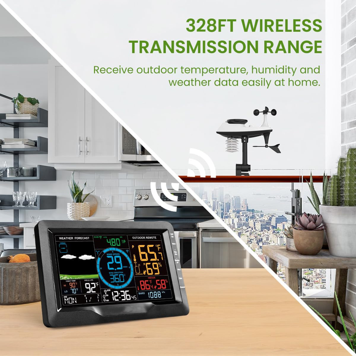 Digital weather station on a table with outdoor view and text about wireless transmission range.