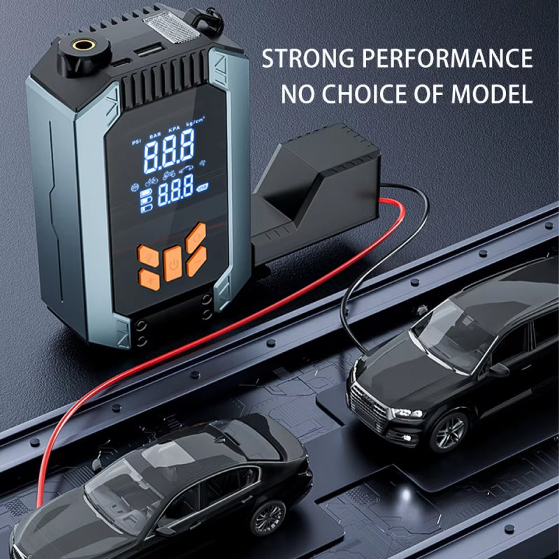 Car battery charger with digital display on a dark background, connected to toy cars.