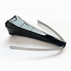 Black and silver hair straightener on a white background