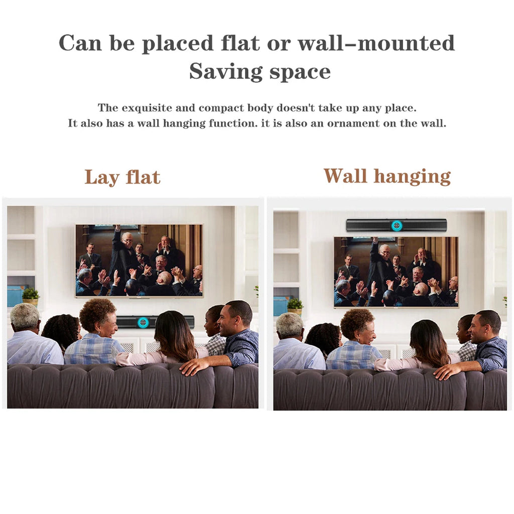 Two views of a TV screen displaying a group of people, one flat on a surface and one wall-mounted, with text about space-saving features.