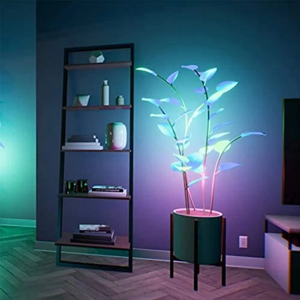 Neon lighted plant in a room with shelves and a television.