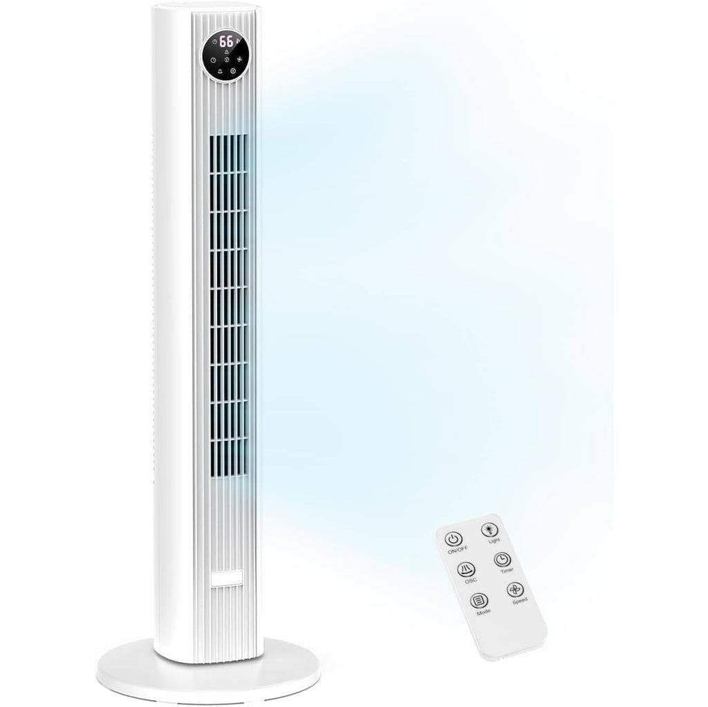 White tower fan with digital display and remote control on a light blue gradient background