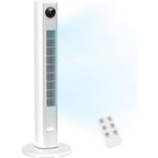White tower fan with digital display and remote control on a light blue gradient background