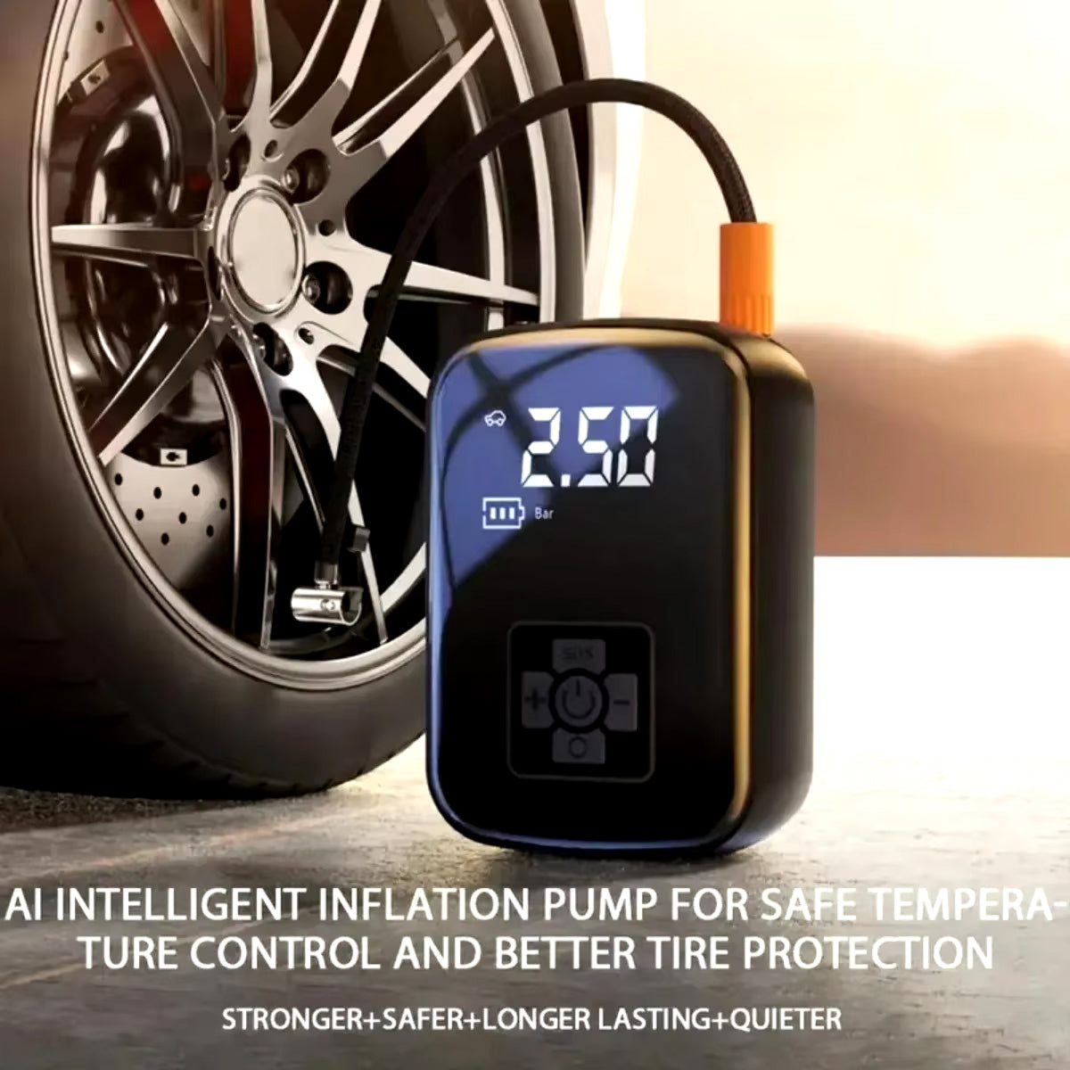 Digital inflation pump with tire in the background