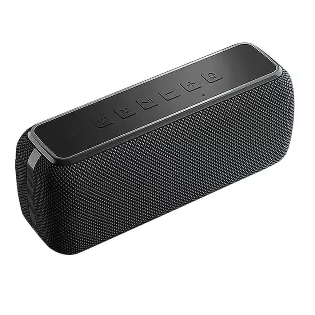Black portable speaker with control buttons on a white background