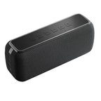 Black portable speaker with control buttons on a white background