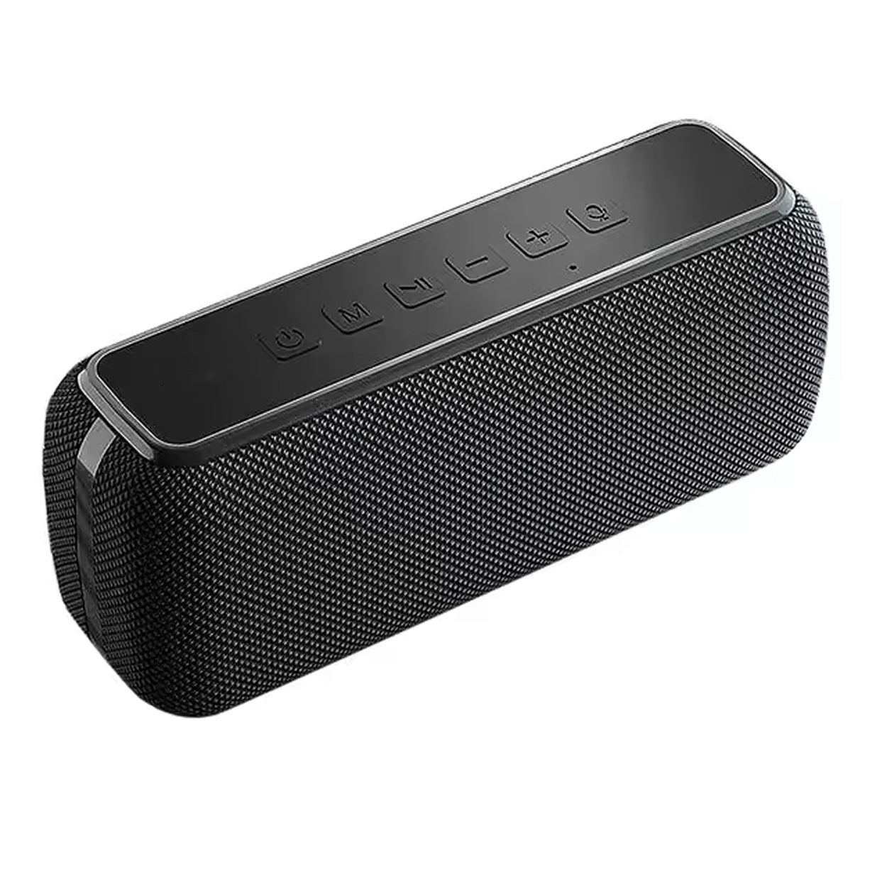 Black portable speaker with control buttons on a white background