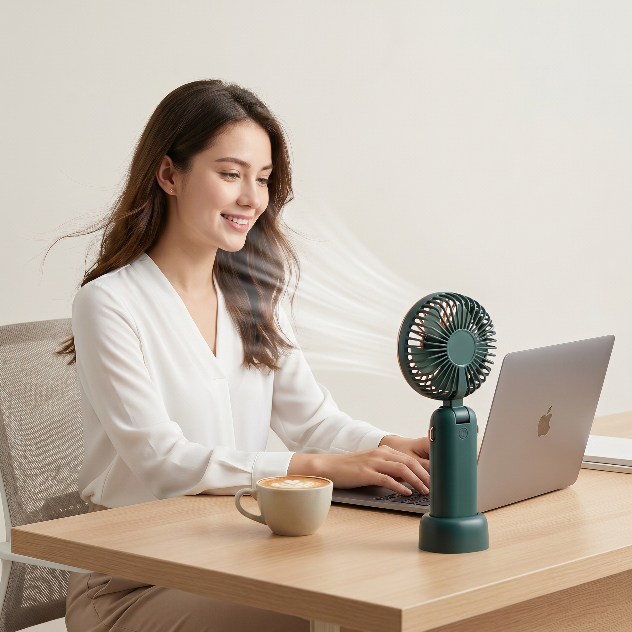 Woman using a laptop with a small fan on a desk, smiling.