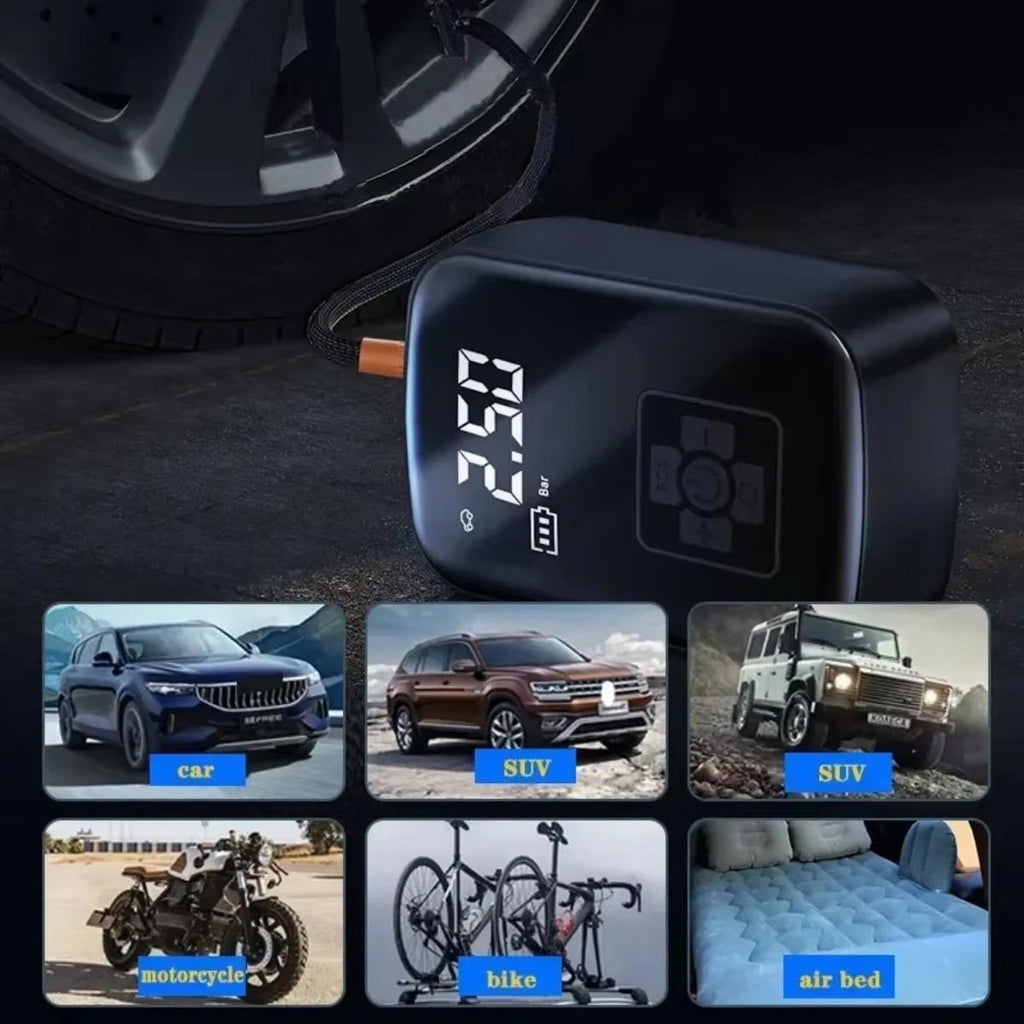 Digital pressure monitor with tire pressure display, surrounded by images of vehicles and equipment.