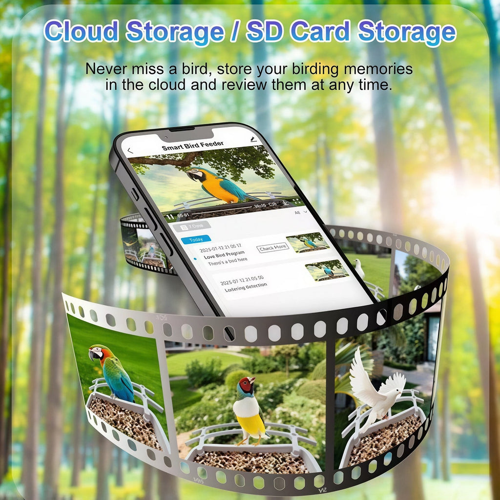 Smart bird feeder with smartphone app interface against a forest background