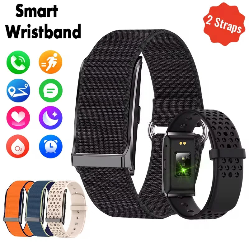 Smart wristband with black strap and additional straps in different colors on a white background.