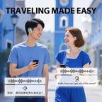 Two people using wireless earbuds with a cityscape background, promoting travel assistance.