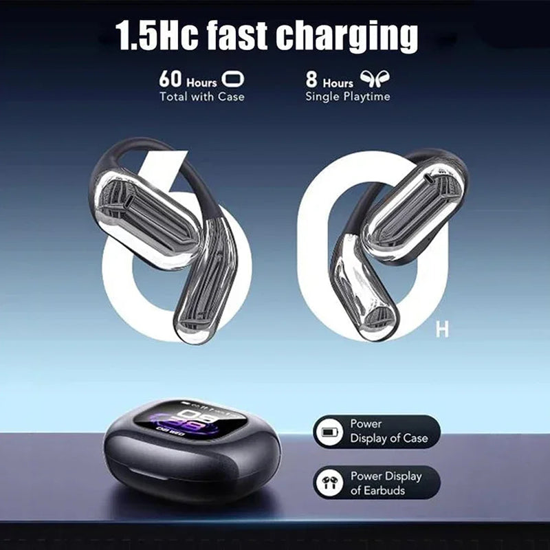 Wireless earbuds with charging case on a gradient blue background, displaying charging time and battery life.