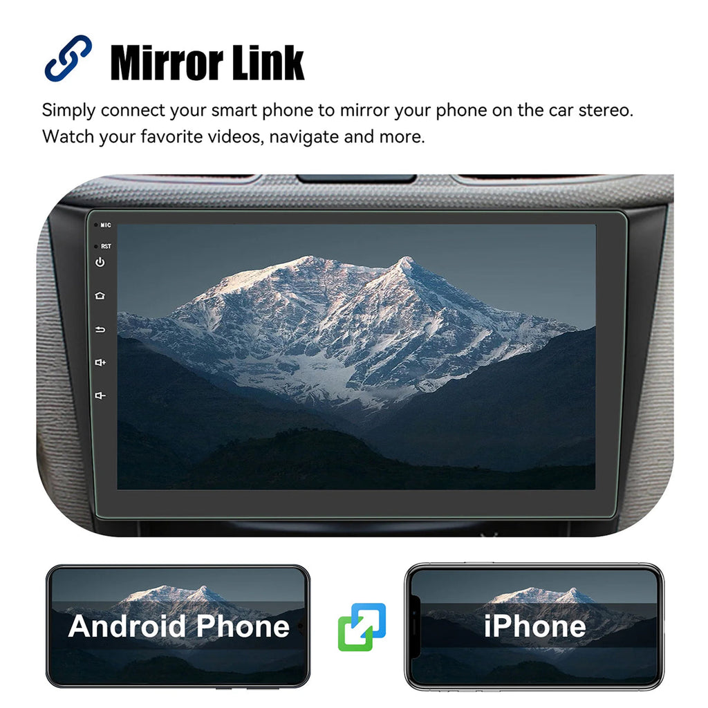Car stereo system with screen displaying a mountain view, connected to Android and iPhone devices via Mirror Link.