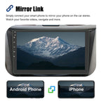 Car stereo system with screen displaying a mountain view, connected to Android and iPhone devices via Mirror Link.