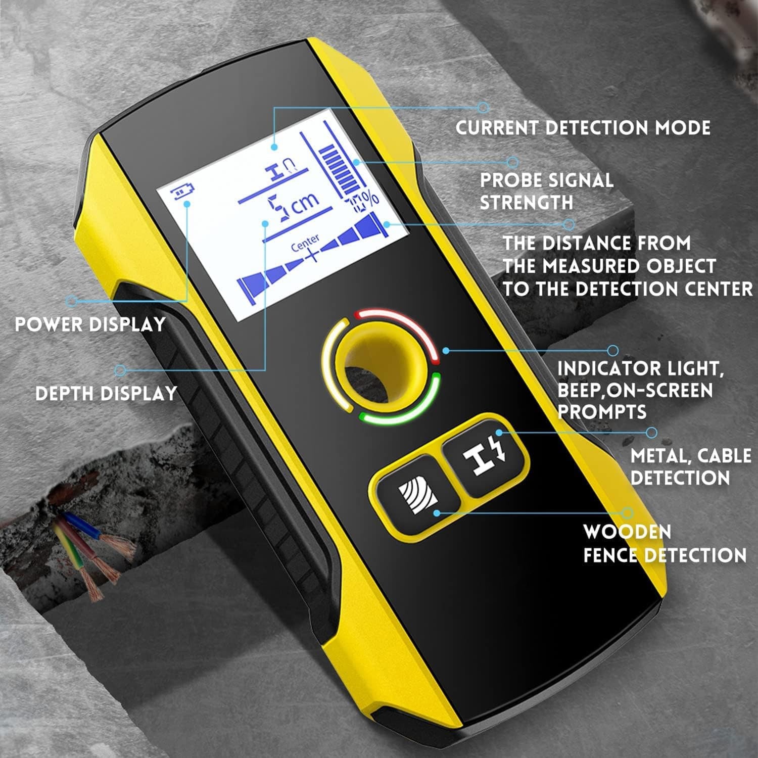 Yellow and black metal detector with digital display on a concrete surface