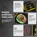 Product display with screen showing measurements and safety features on a dark background