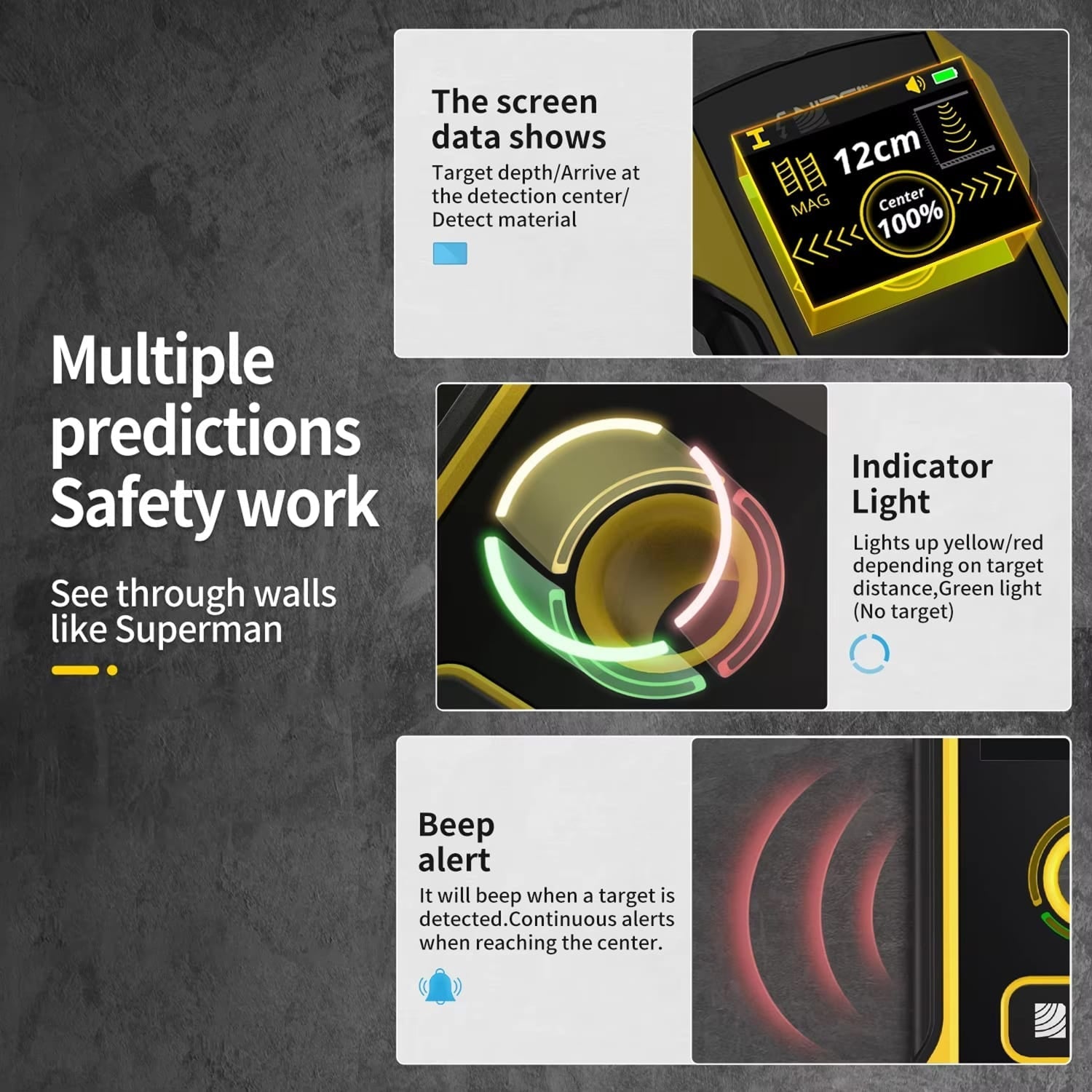 Product display with screen showing measurements and safety features on a dark background