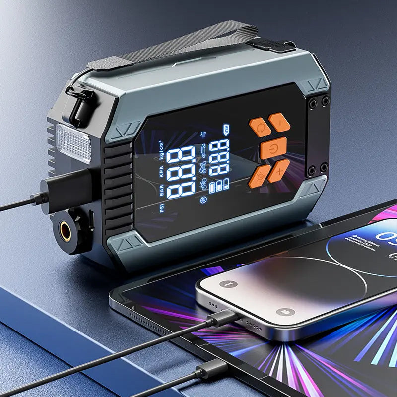 Portable power station charging a smartphone on a reflective surface with a dark background