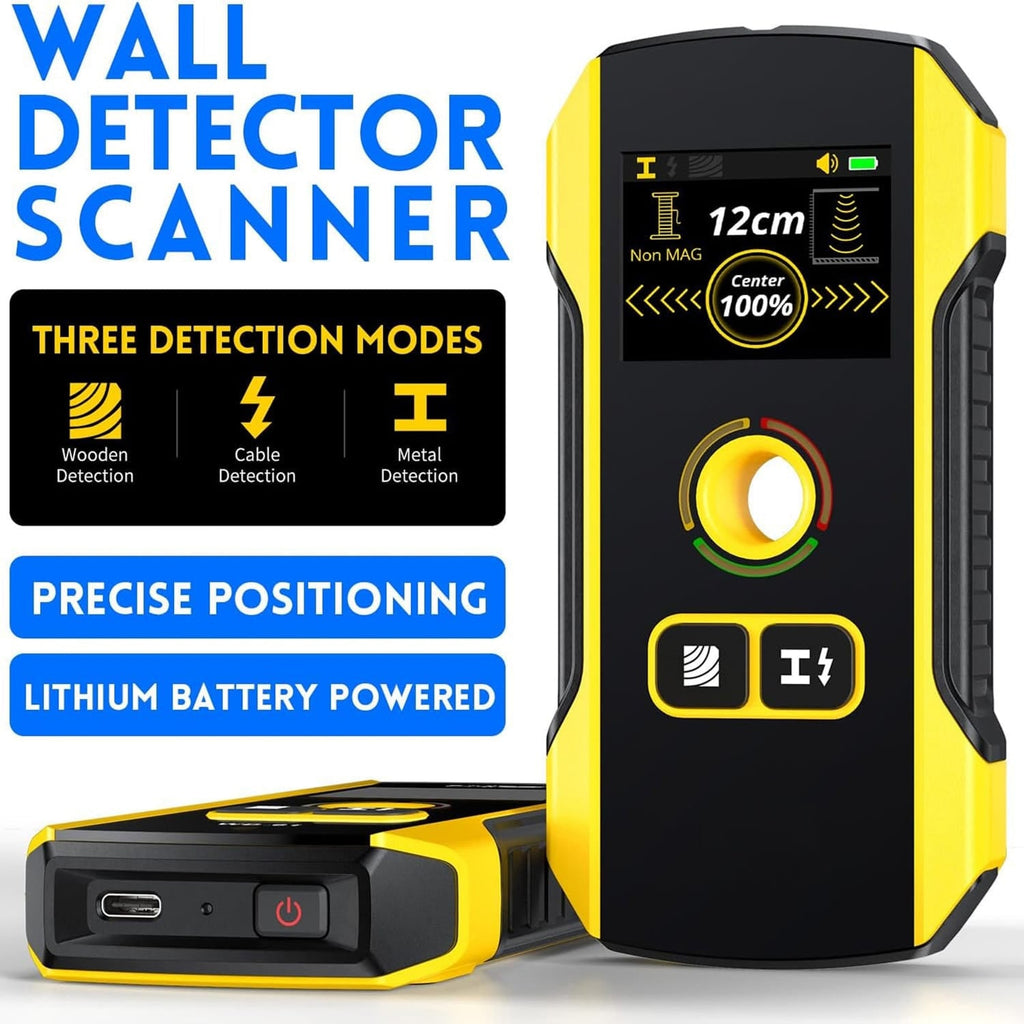 Wall detector scanner with detection modes and battery information on a white background
