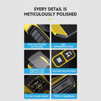 Product features with text 'Every detail is meticulously polished' on a gray background