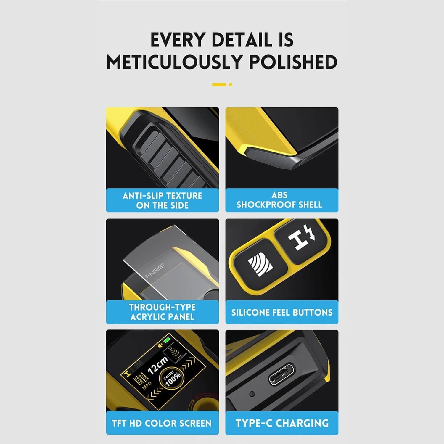 Product features with text 'Every detail is meticulously polished' on a gray background