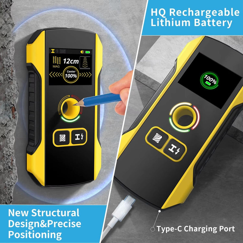 Yellow and black detection device with digital display and charging port on a gray background