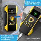 Yellow and black detection device with digital display and charging port on a gray background