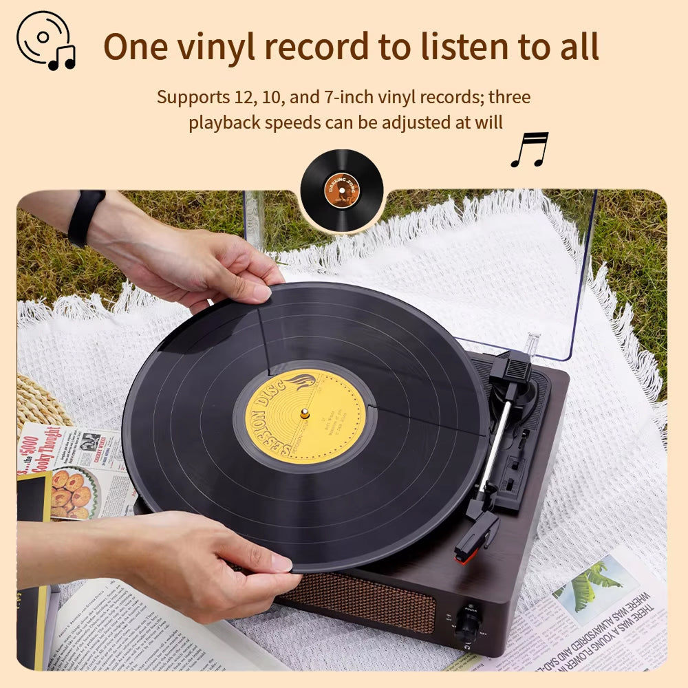 Person holding a vinyl record over a record player with text about vinyl records and playback speeds.