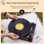 Person holding a vinyl record over a record player with text about vinyl records and playback speeds.