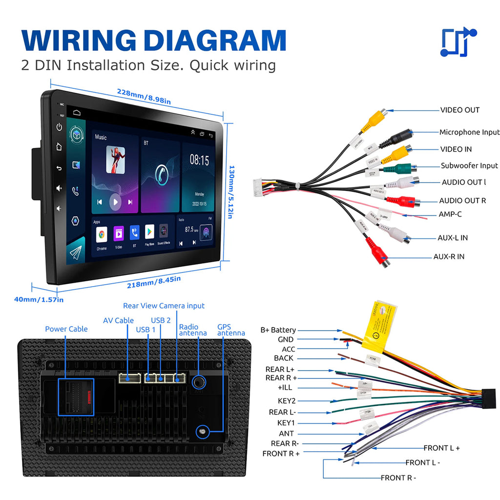 Wiring diagram for a 2 DIN installation size with a car multimedia system display.