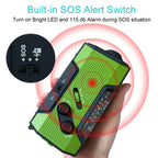 Hand holding a green radio with SOS feature and alarm display