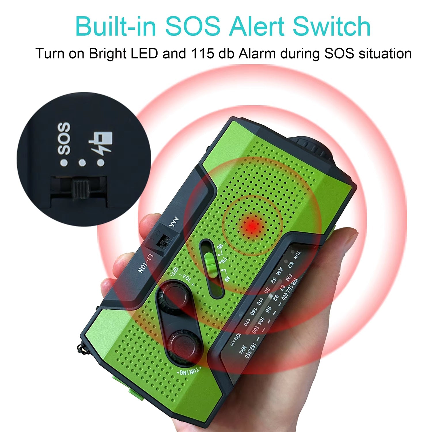 Hand holding a green radio with SOS feature and alarm display