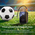Soccer ball being inflated with a digital air pump on a grassy field.