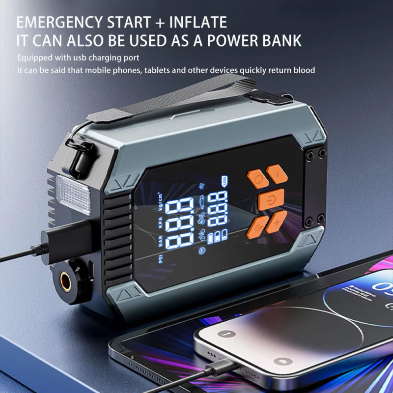 Portable power station with digital display and phone charging, on a dark background