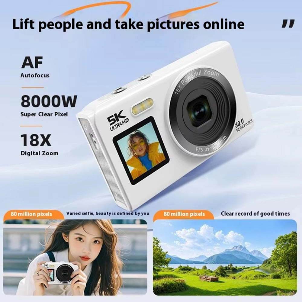 Digital camera with features highlighted on a blue sky background