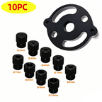 Set of black metal components with size indicators on a white background