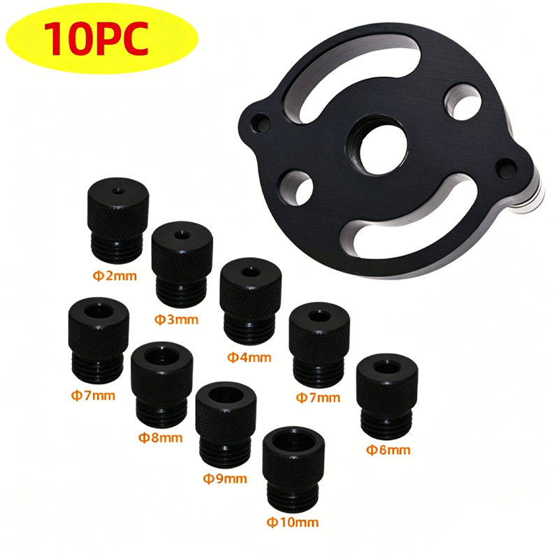 Set of black metal components with size indicators on a white background