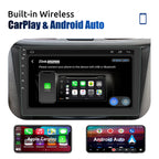 Car multimedia system with wireless CarPlay and Android Auto connectivity on a white background.