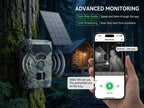 Camouflage security camera attached to a tree with a smartphone app interface showing live streaming and two-way audio features.