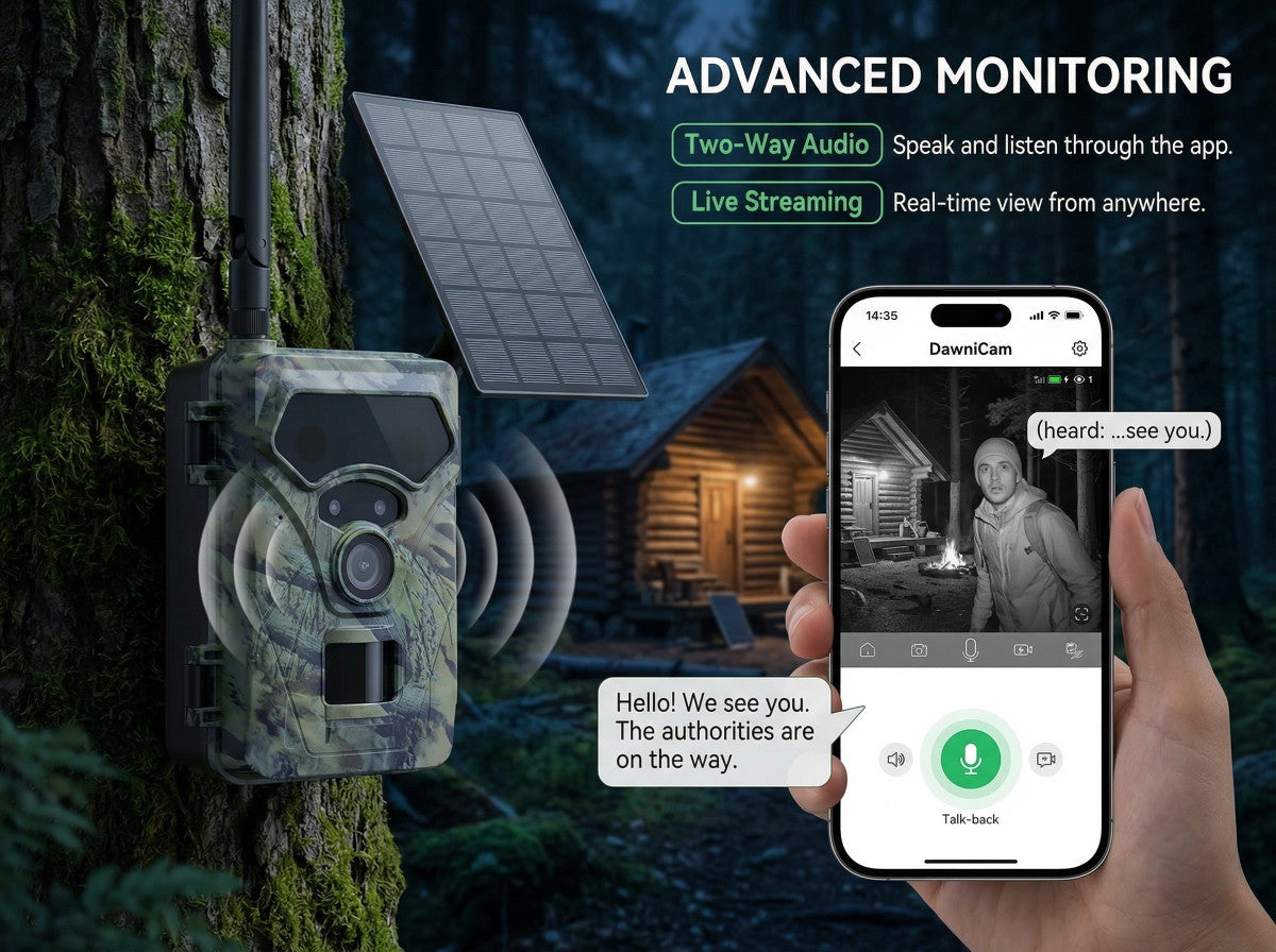 Camouflage security camera attached to a tree with a smartphone app interface showing live streaming and two-way audio features.