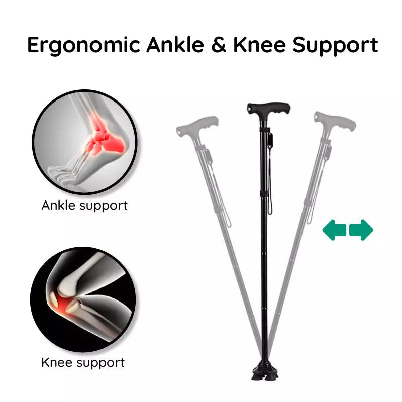 Ergonomic ankle and knee support with illustrations of joints and walking canes on a white background.