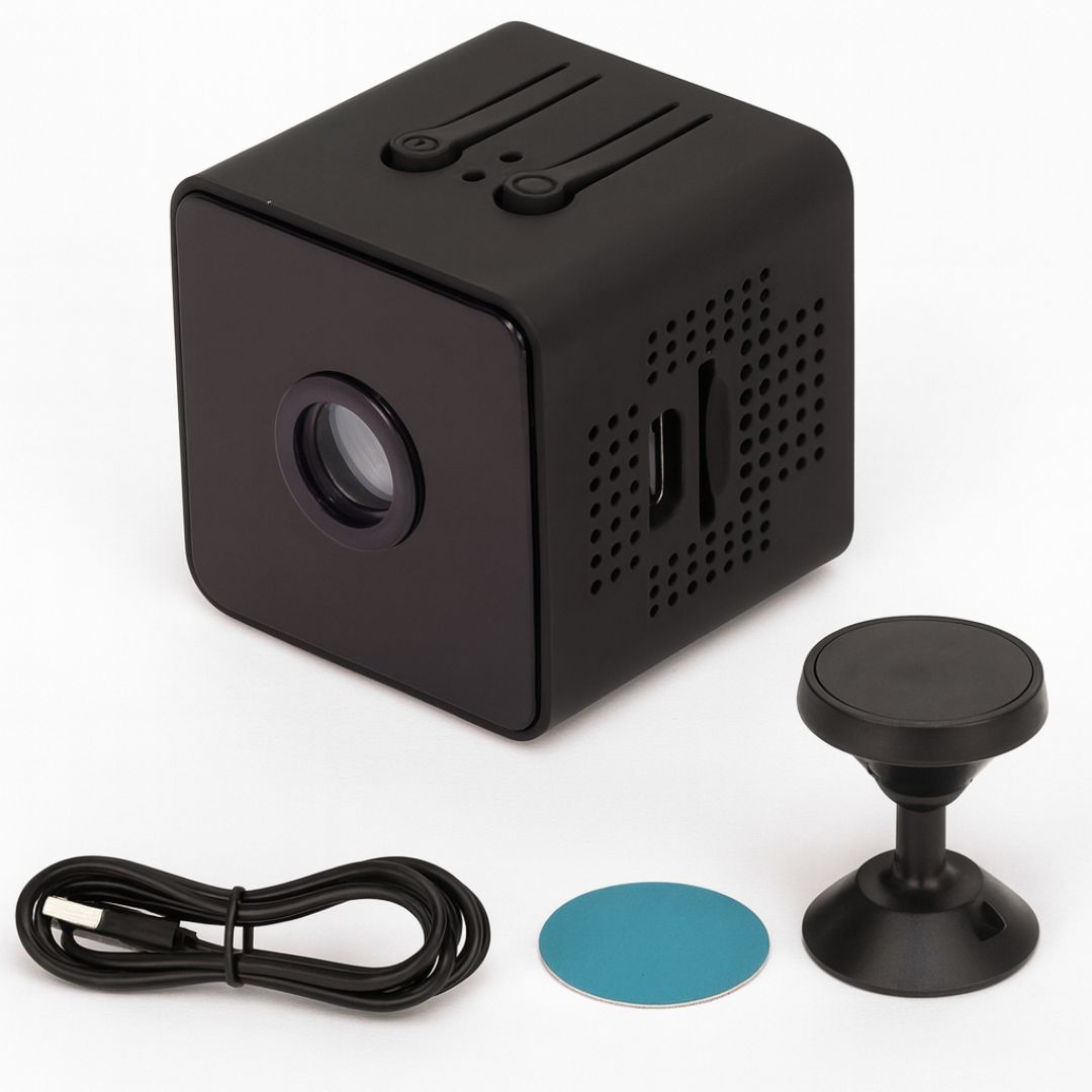 Black cube-shaped device with a cable, blue disc, and black suction cup on a white background
