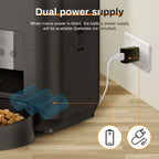 Dual power supply system for a pet feeder with battery and plug icons.