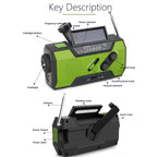 Green and black emergency radio with labeled parts on a white background