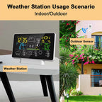 Weather station on a table with an outdoor sensor in a garden setting.