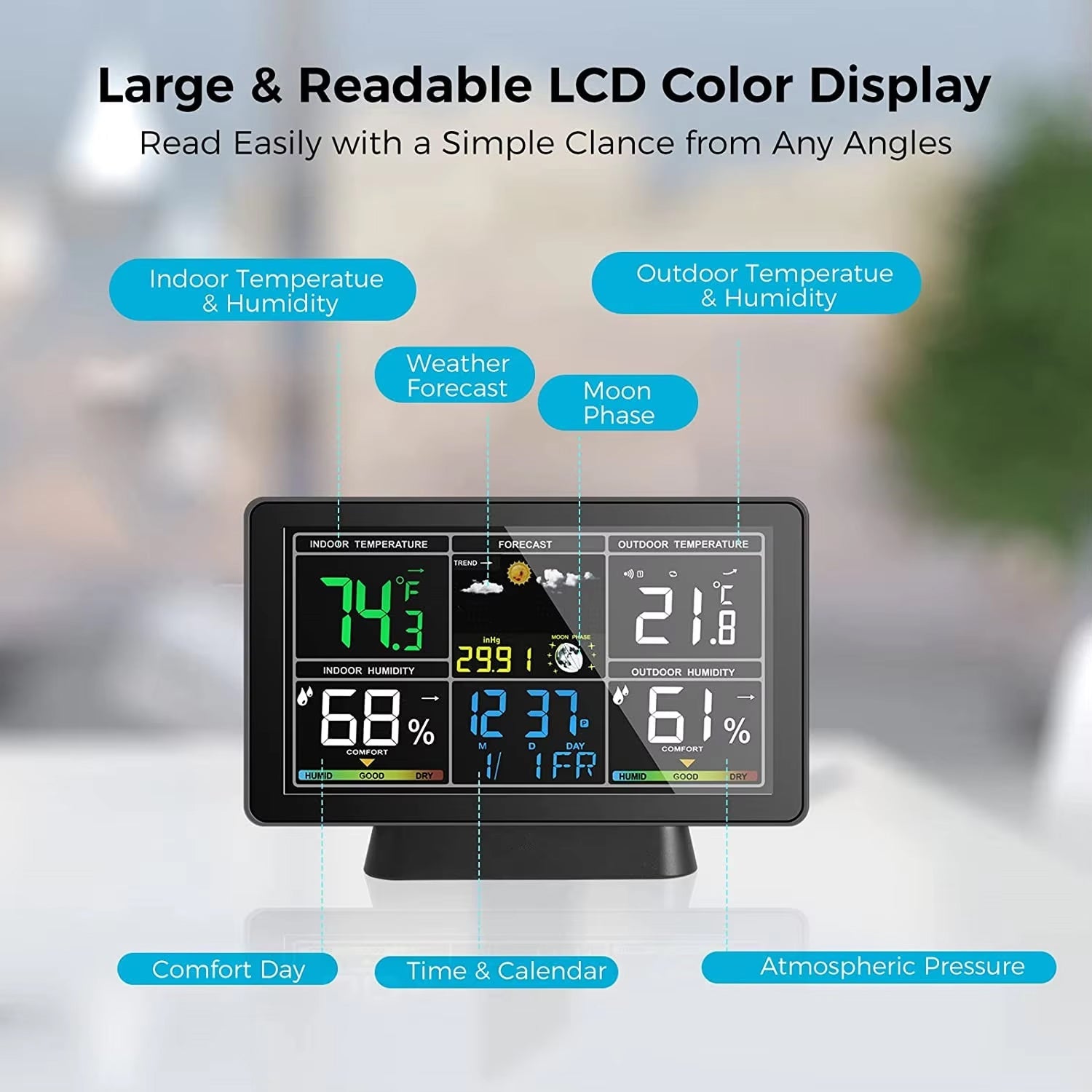 Digital weather station with large LCD display showing temperature, humidity, and other weather details.