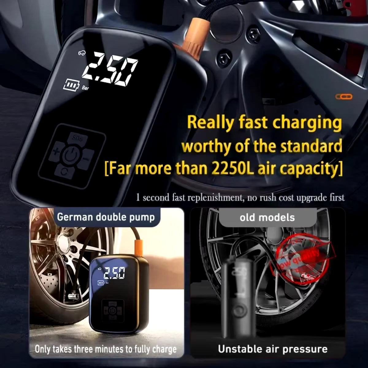 Car tire pressure monitor with charging capabilities displayed against a car wheel background.