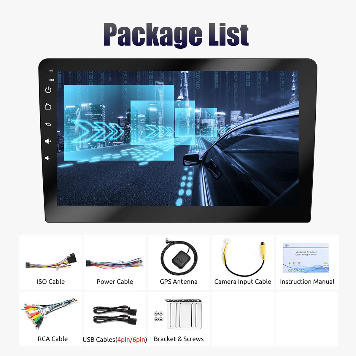 Car multimedia system with package list including cables and accessories on a white background