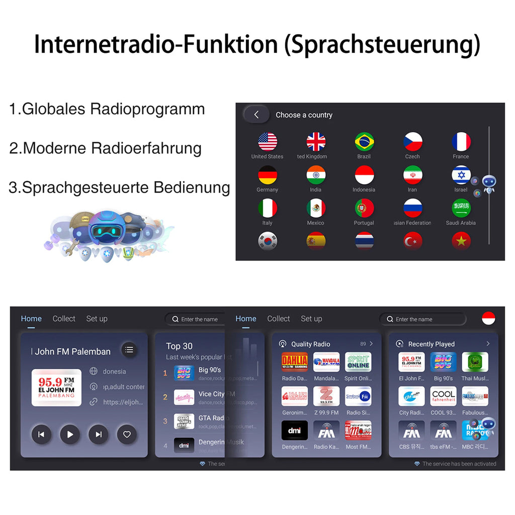 Internet radio function with language selection and user interface on a black background
